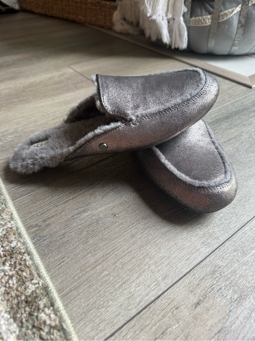 UGG Metallic Silver Shearling-Trim Slip-On Slippers